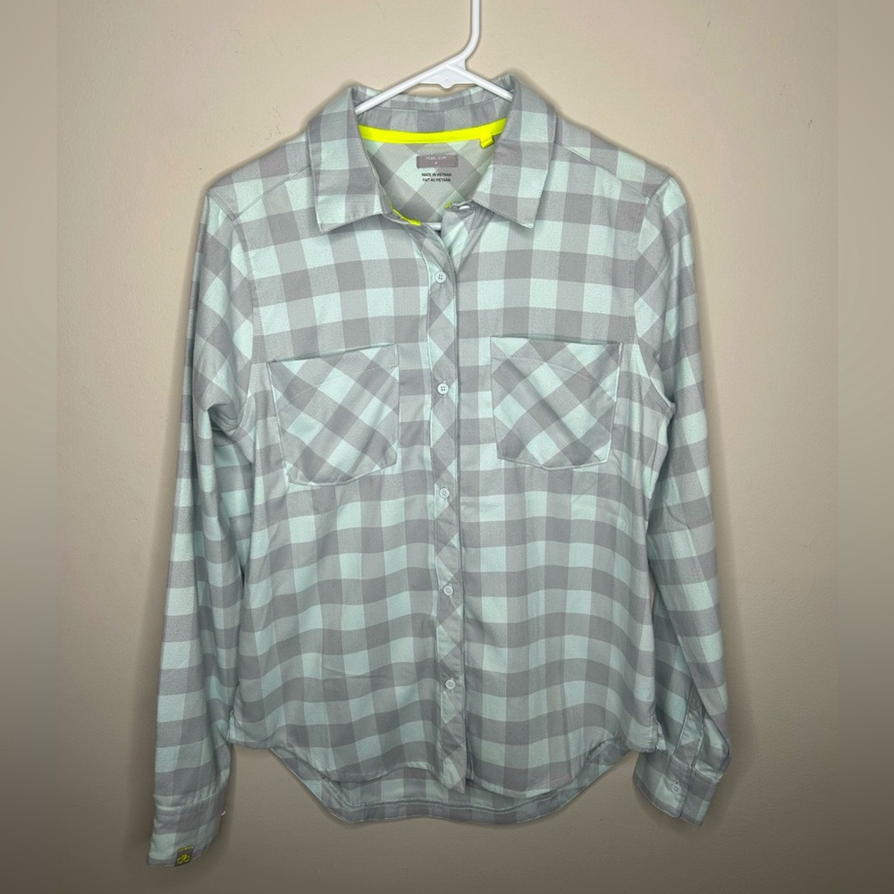 Pearl Izumi Women’s Rove Long Sleeve Flannel Button Up Ice Blue / Fog Plaid Sz M - Picture 1 of 15